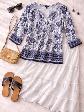 Talbots Blue Floral Blouse + Boho White Skirt Set M/L